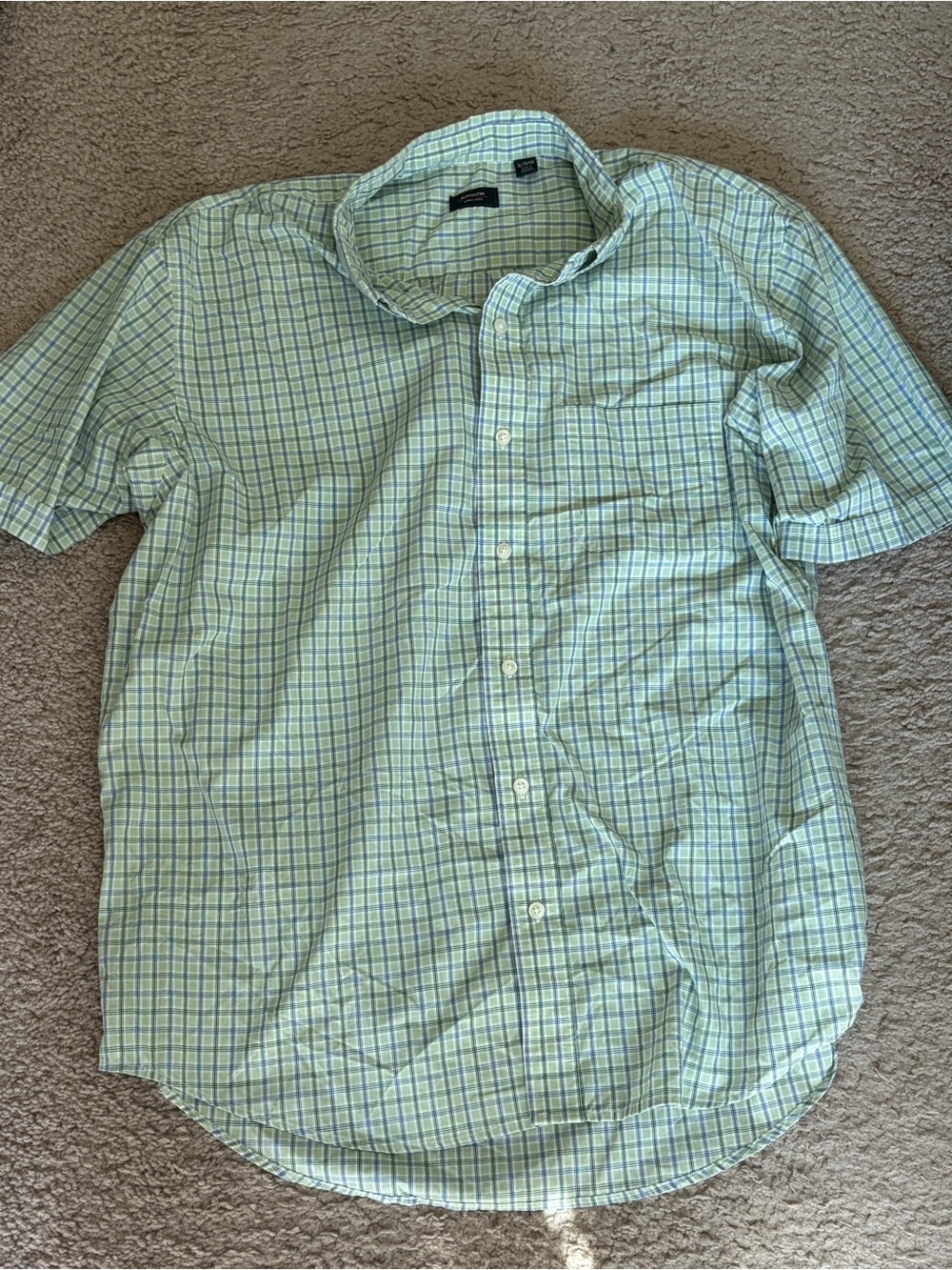 Arrow Short-Sleeve Plaid Button-Down Shirt in Light Green and Blue